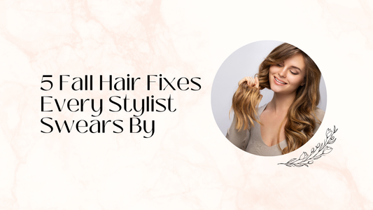 Smiling woman with long wavy brown hair against a warm orange background, next to bold white text that reads '5 Fall Hair Fixes Every Stylist Swears By' in a landscape layout.