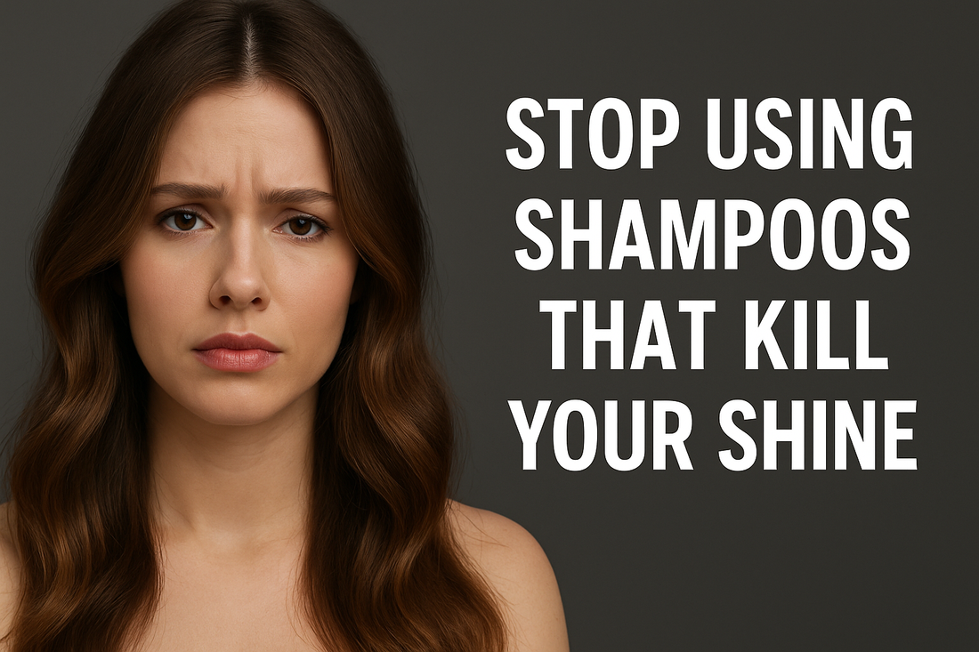 A young woman with long chestnut waves looks concerned against a dark gray background, with bold white text beside her that says “STOP USING SHAMPOOS THAT KILL YOUR SHINE.”