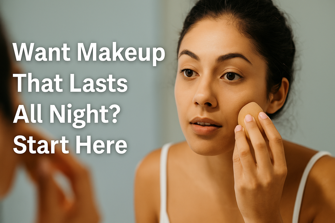 Woman applying makeup with a sponge in front of a mirror, with bold text on the left reading "Want Makeup That Lasts All Night? Start Here.