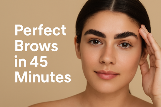 A young woman with sleek dark hair and perfectly groomed, laminated eyebrows poses against a neutral beige background, with the text “Perfect Brows in 45 Minutes” displayed in bold white letters across the image.