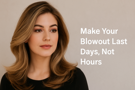 Smiling woman with a voluminous blowout hairstyle, looking to the left, with the text on the right side reading ‘Make Your Blowout Last Days, Not Hours’ in a centered layout.
