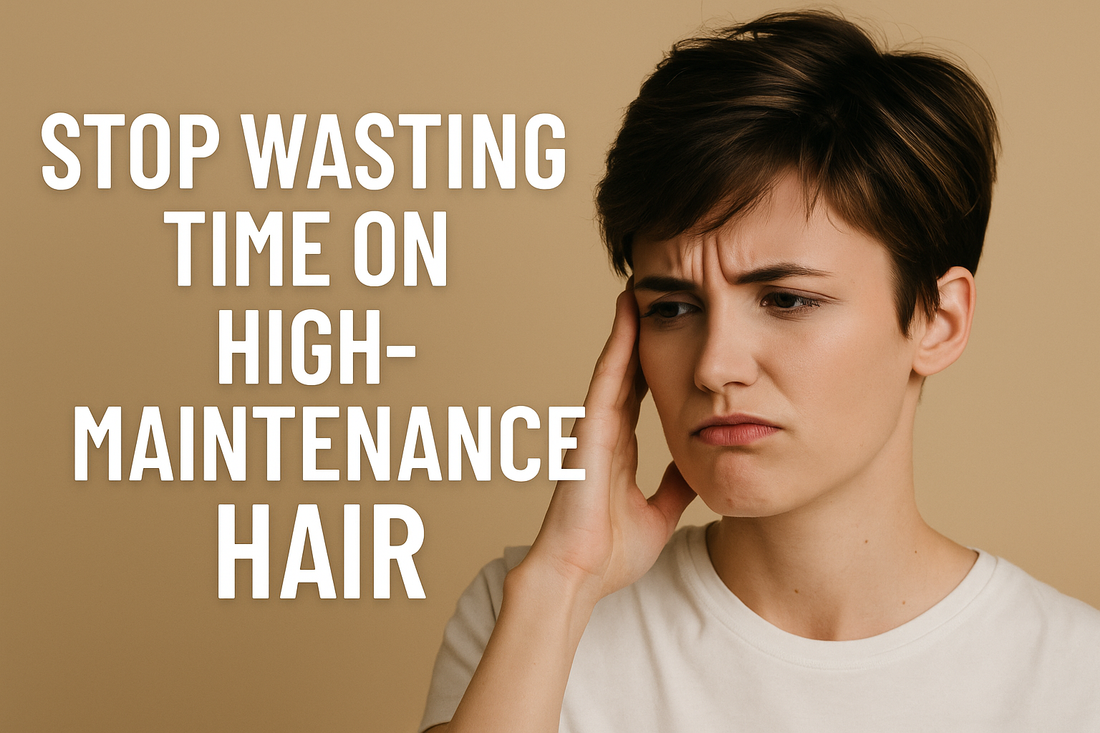 Frustrated woman with a short pixie haircut resting her hand on her temple, frowning, with the text “STOP WASTING TIME ON HIGH-MAINTENANCE HAIR” on a beige background.