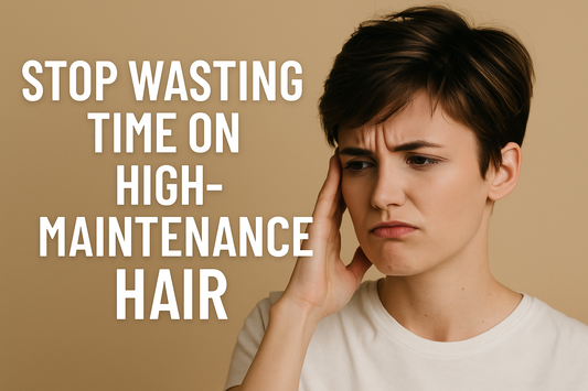 Frustrated woman with a short pixie haircut resting her hand on her temple, frowning, with the text “STOP WASTING TIME ON HIGH-MAINTENANCE HAIR” on a beige background.