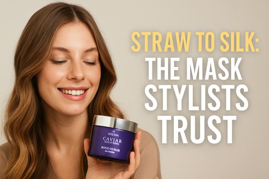 Smiling young woman with long wavy hair holding a jar of Alterna Caviar Anti-Aging Bond Repair Masque, with text overlay reading ‘Straw to Silk: The Mask Stylists Trust.’