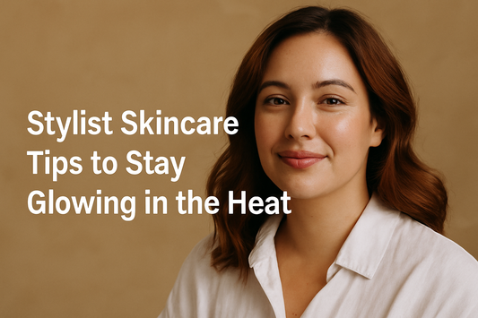 Smiling woman with glowing skin and text: Stylist Skincare Tips.